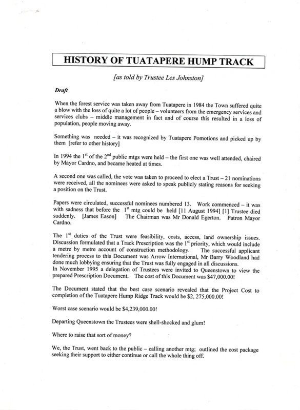 Tūātapere history - Tūātapere Hump Track Charitable Trust, Past history