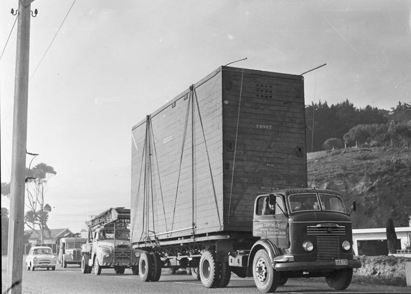 Motor Vehicle, Truck. 1954 Commer truck Carrying a Large Box. Owned by Central Carrying Co of Bedford Row, Christchurch, Canterbury, New Zealand