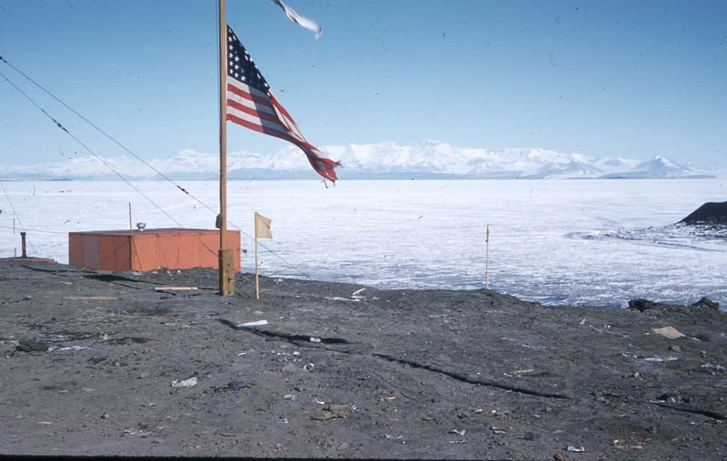 Antarctica. Buildings and American Flag at McMurdo Station