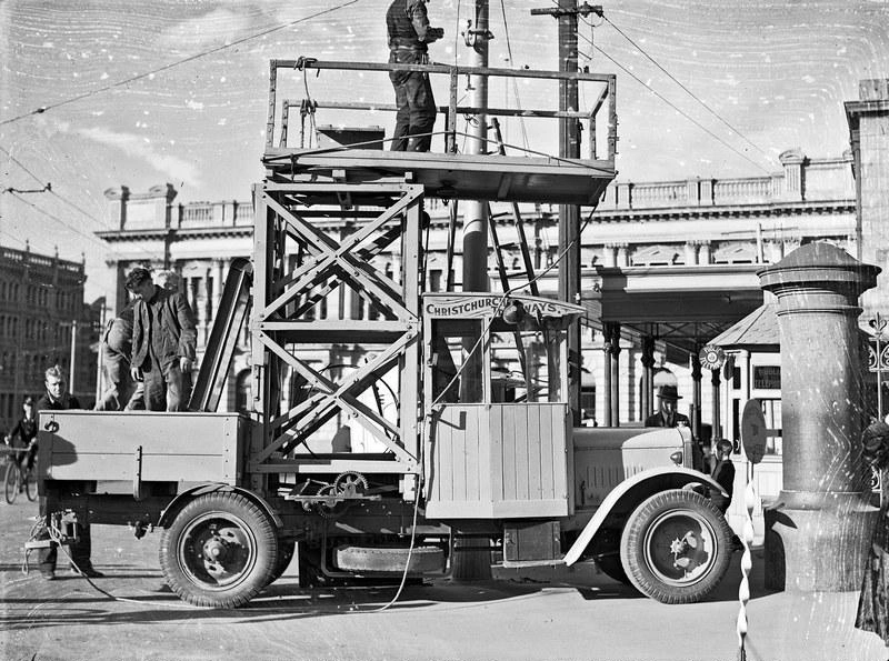 Tramways. Motor Vehicle, Overhead Repair Truck. Cathedral Square. Christchurch, Canterbury, New Zealand.