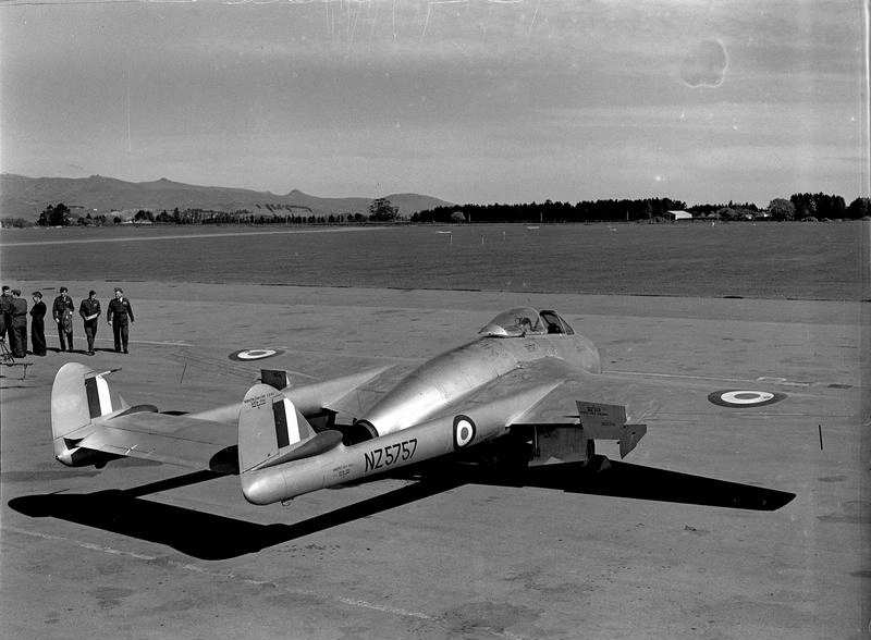 Aviation RNZAF Royal New Zealand Air Force, de Havilland Vampire, NZ5757 Aircraft. These were the New Zealand Air Force's First Operational Jet Fighters. Wigram, Christchurch, Canterbury, New Zealand.