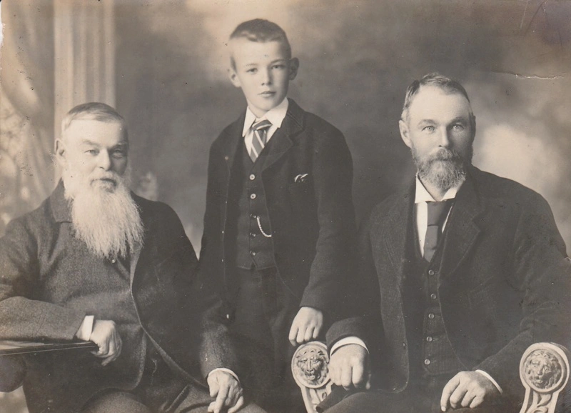 Three generations of Hattaways: Captain Robert Hattaway, (1826 - 1904) aged 77, Robert Hattaway, (1852 - 1915) aged 50, his eldest son and Robert Hattaway, (1891 - 1967) aged 12.