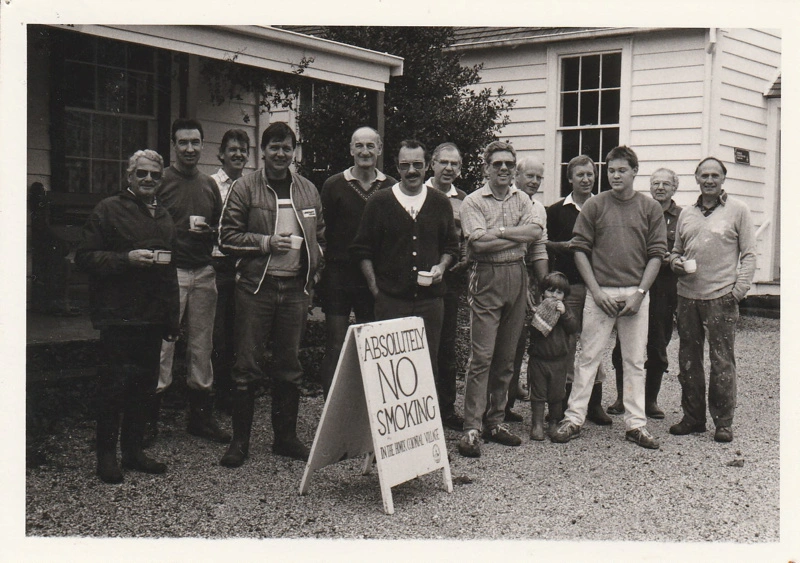 Pakuranga Rotary Club members after scrubbing Briody-McDaniel Cottage, White's store and the Methodist Church, May 1988.