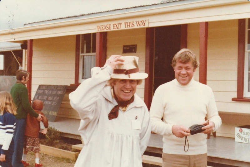 Alan la Roche (in costume) and Colin Clarke outside Brindle Cottage In Howick Historical Village on a Live Day.