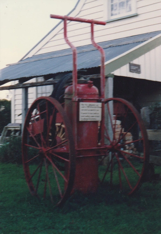 Vintage large wheeled fire extinguisher at Howick Historical Village.