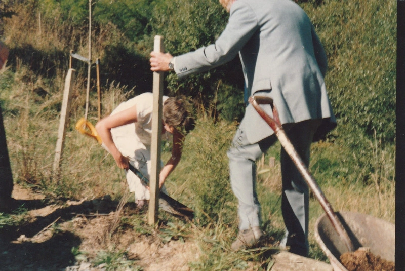 Olive McKay planting a tree near Pakuranga School during the 25th anniversary of the Howick Historical Society.