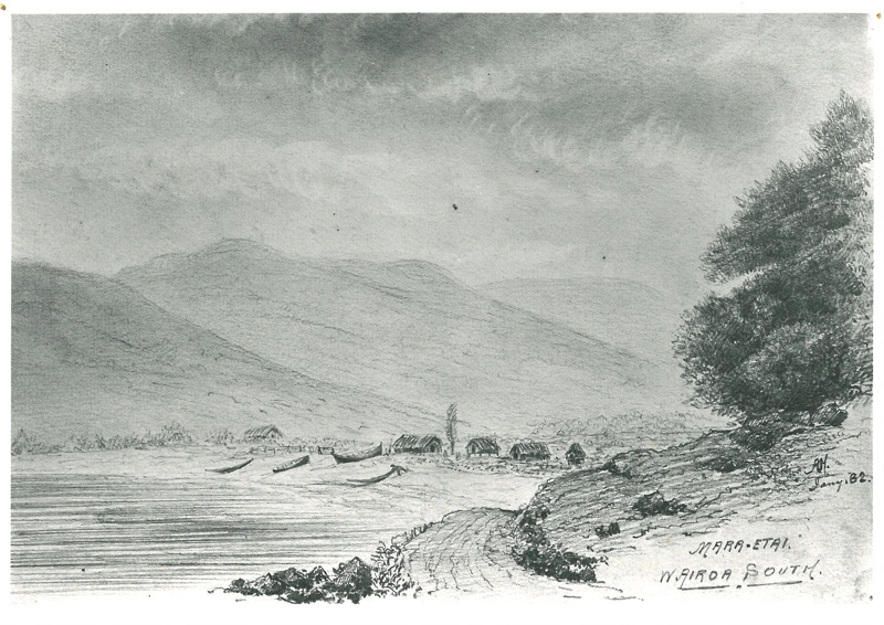 Maraetai in 1882, painting by A Horne