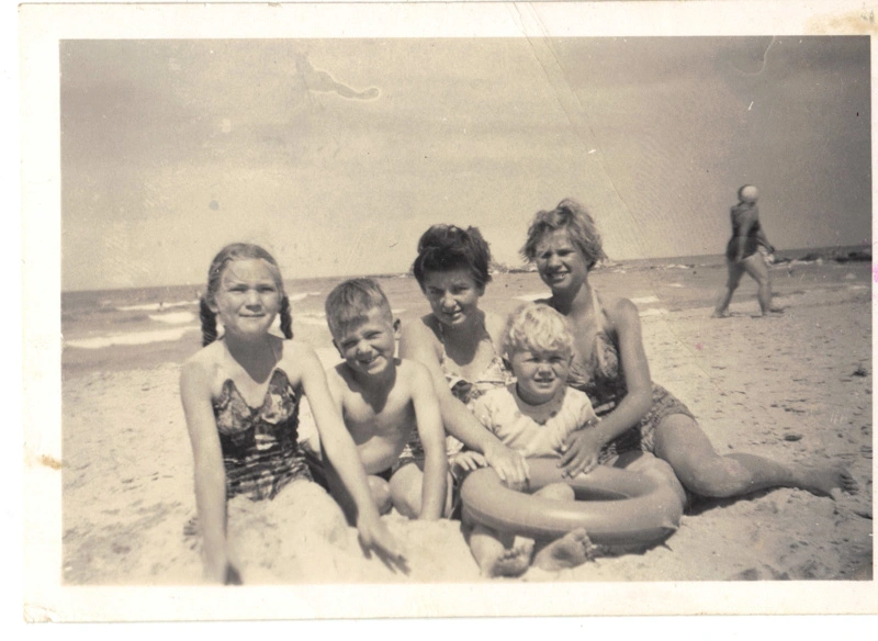 Worsfold Family at Mangawhai Heads Beach, 1950