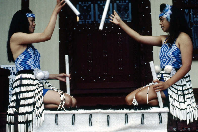 Maori girls practicing stick game [tititorea]