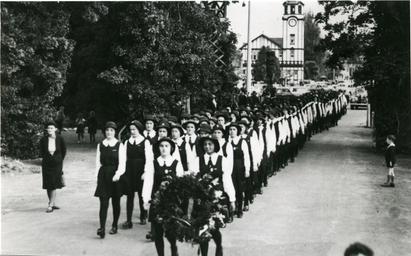 Rotorua High School girls marching into Government gardens on ANZAC Day