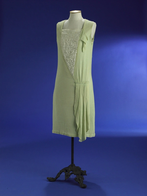 Dress; Green shift dress with white pintucked panel