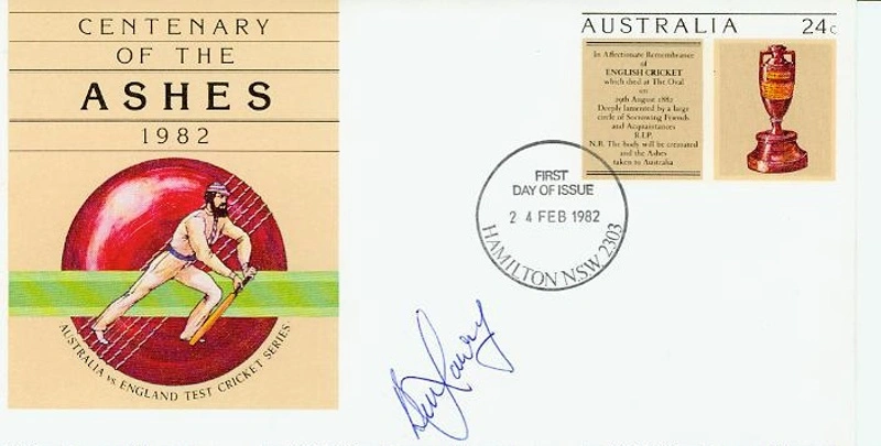 First Day Cover: Australia Centenary of the Ashes 1982 with Bill Lawry's Signature