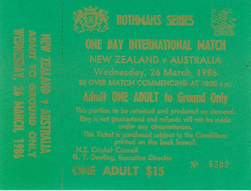 Official Ticket: New Zealand v Australia, ODI Match, Basin Reserve, Wellington, Wednesday 26 March 1986
