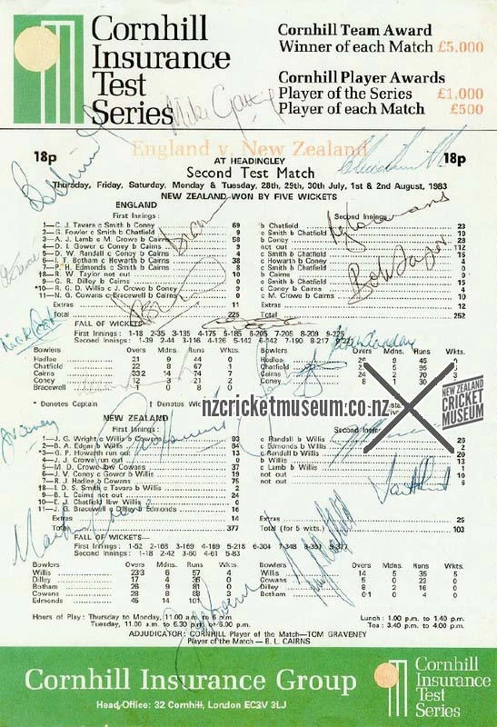 England v New Zealand scorecard, Headingley, Leeds, 28, 29, 30 July, 1, 2 August 1983