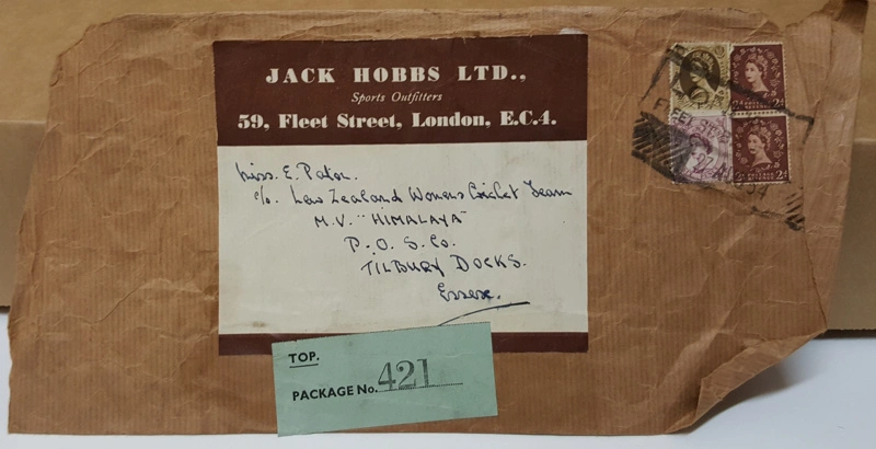 Envelope: An envelope addressed to Eris Paton from Jack Hobbs Ltd. Sports Outfitters, London.