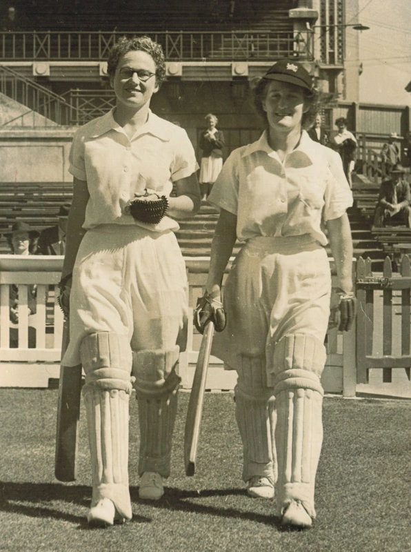 Photograph of the New Zealand Women's cricket team opening batters, Billie Fulford and Joan Hatcher, March 1948