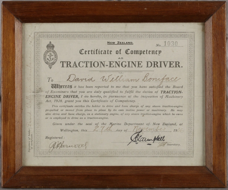 Framed certificate, David Boniface, Traction-Engine Driver