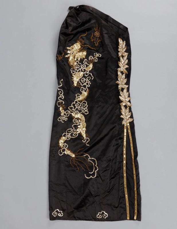 Dress, Evening, Black satin with sequin dragon