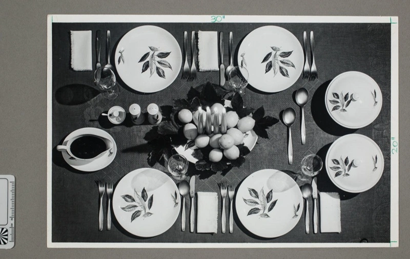 Photograph - Birdseye view of table setting display with crockery in the leaf patterned crockery