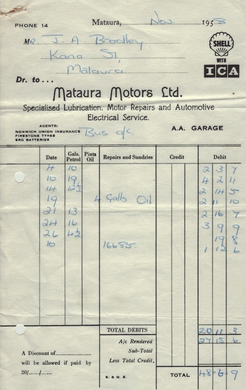 Invoice, Mataura Motors Ltd