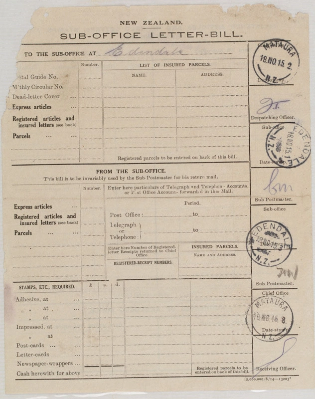 N.Z. Post Office Letter Bill to Edendale