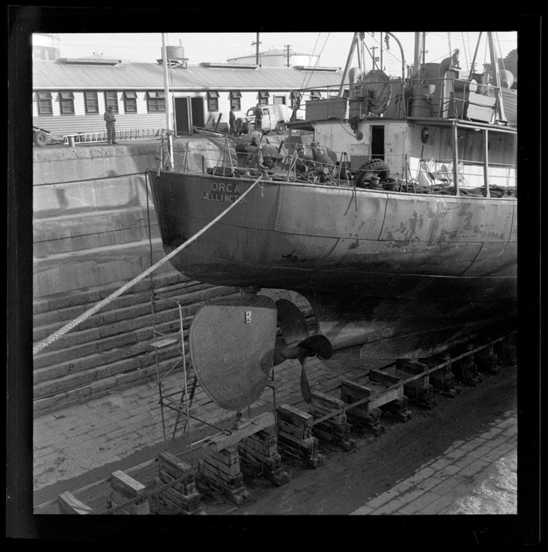Ship in dry dock in Lyttelton Port with "ORCA" on bow.