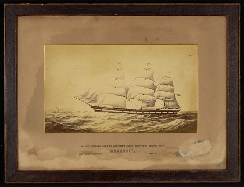 The iron clipper ship 'Wanganui' at sea. Glazed, wooden frame.