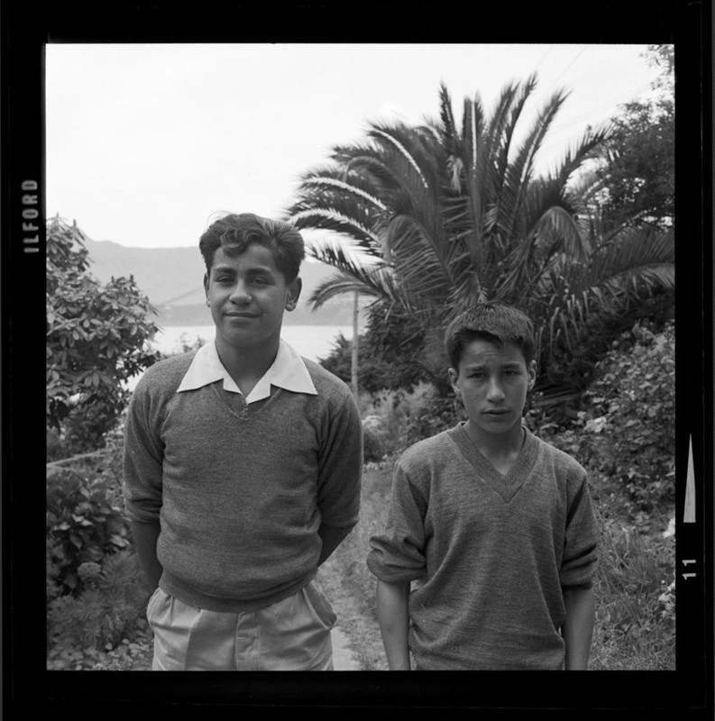 Two boys. John Rehu (taller) and Ivan Tuuta. (Image titled Tony Rohu of Rapaki, pupil of west Lyttelton School.)