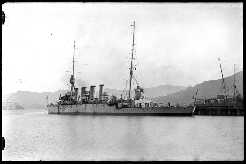 Ship in Lyttelton Port with "CHATHAM" written on the bow. Part of Quail Island can be seen in the background.