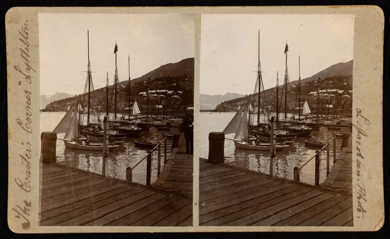 Stereoscopic image of approx. eight yachts in 'Coaster's Corner' of Lyttelton Port.