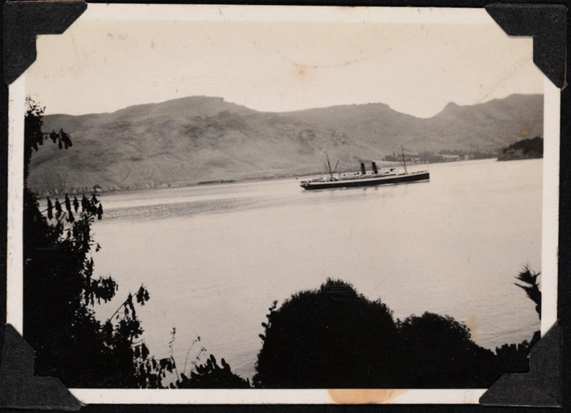 The Wellington-Lyttelton inter-island ferry 'WAHINE' (I) steaming into Lyttelton harbour with Purau Bay behind.