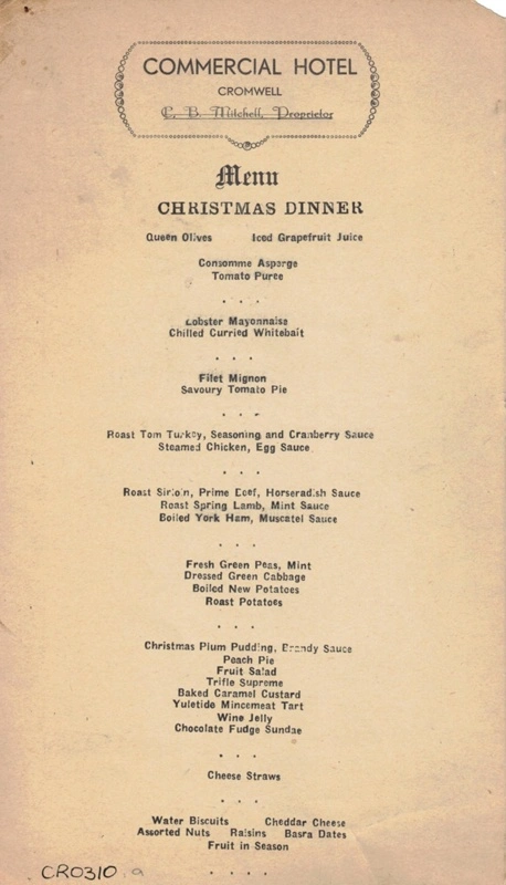 Commercial Hotel, Cromwell 1940s-1950s Christmas Dinner Menus