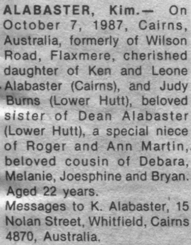 Alabaster, Kim Death Notice 1987 (The Hawke's Bay Herald-Tribune)