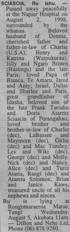 Sciascia, Ru Iehu Death Notice 1998 (The Hawke's Bay Herald-Tribune)