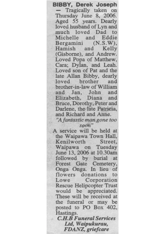 Bibby, Derek Joseph Death Notices 2006 (Hawke's Bay Today)