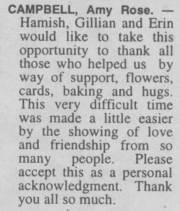 Campbell, Amy Rose Thanks Notice 1998 (The Hawke's Bay Herald-Tribune)