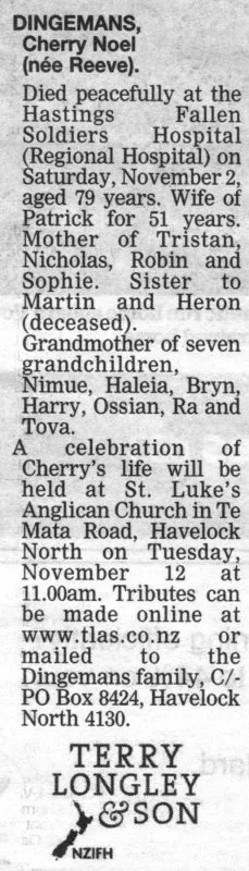 Dingemans, Cherry Noel Death Notice 2019 (Hawke's Bay Today)