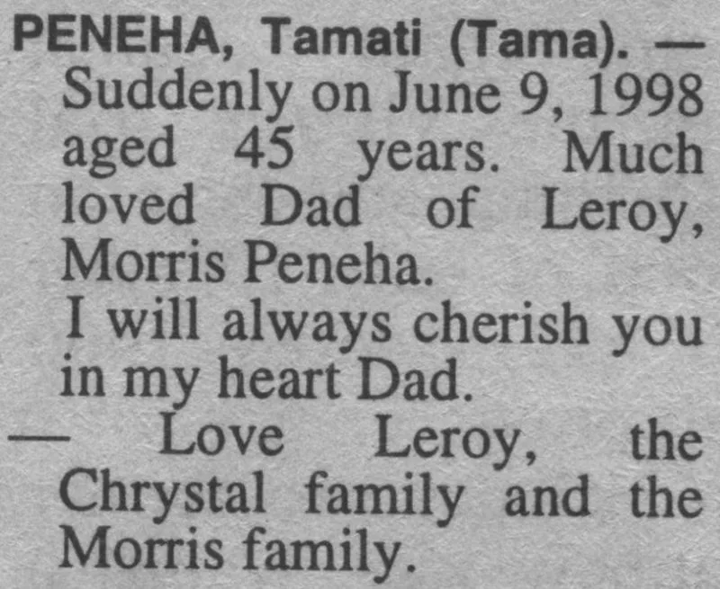 Peneha, Tamati Death Notice 1998 (The Hawke's Bay Herald-Tribune)