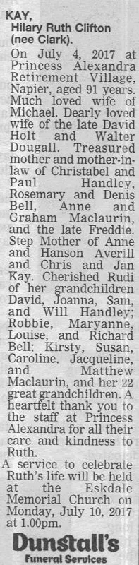 Kay, Hilary Ruth Clifton Death Notice 2017 (Hawke's Bay Today)