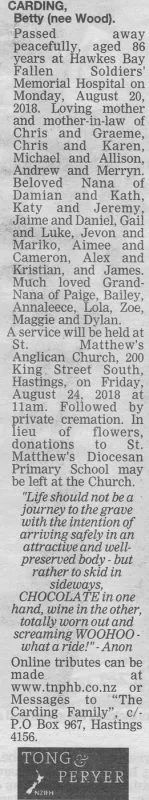Carding, Betty Death Notice 2018 (Hawke's Bay Today)