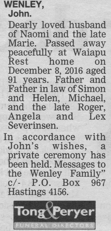 Wenley, John Death Notice 2016 (Hawke's Bay Today)