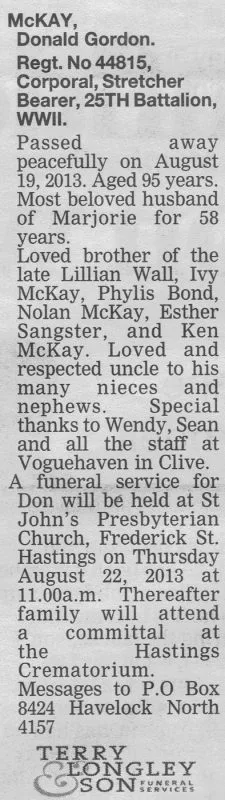 McKay, Donald Gordon Death Notice 2013 (Hawke's Bay Today)