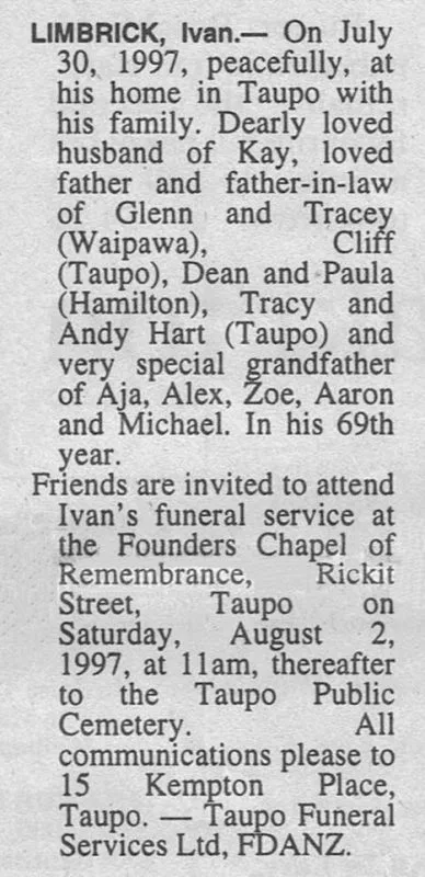 Limbrick, Ivan Death Notice 1997 (The Hawke's Bay Herald-Tribune)