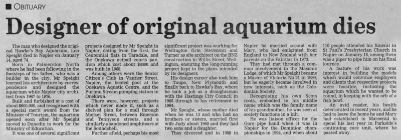 Newspaper Article 2003 – Designer of original aquarium dies (Hawke's Bay Today)