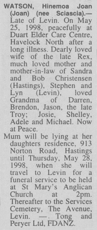 Watson, Hinemoa Joan (Joan) (nee Sciascia) Death Notice 1998 (The Hawke's Bay Herald-Tribune)