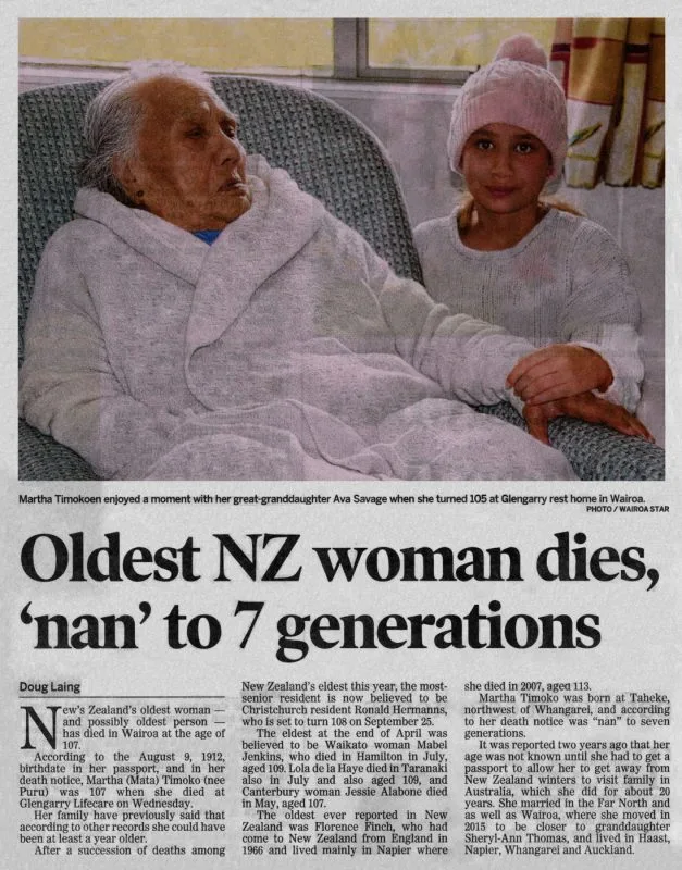 Newspaper Article 2019 – Oldest NZ woman dies, ‘nan’ to 7 generations (Hawke's Bay Today)