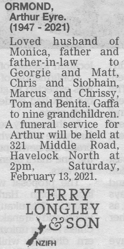 Ormond, Arthur Eyre Death Notice 2021 (Hawke's Bay Today)
