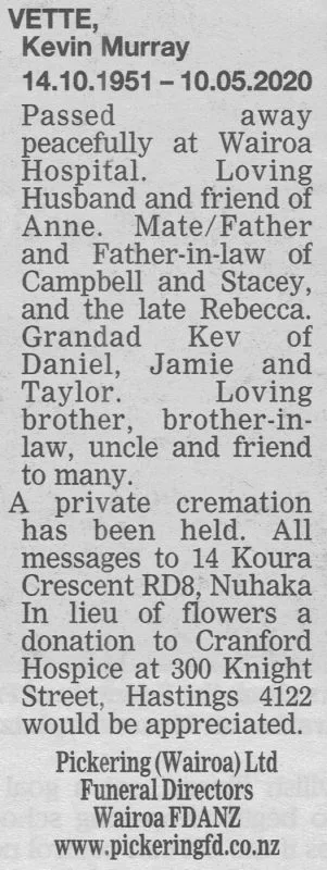 Vette, Kevin Murray Death Notice 2020 (Hawke's Bay Today)
