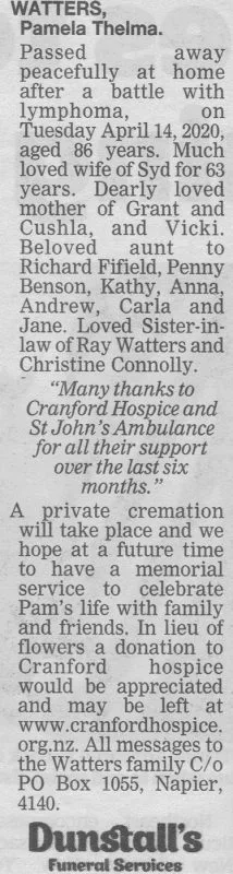 Watters, Pamela Thelma Death Notice 2020 (Hawke's Bay Today)