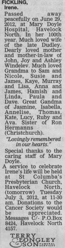 Fickling, Irene Death Notice 2012 (Hawke's Bay Today)